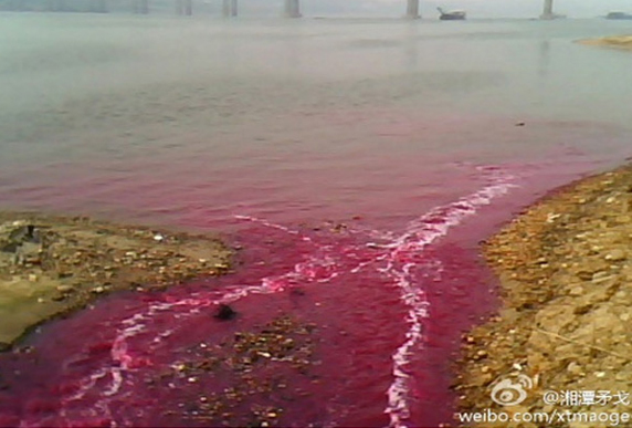 Photo of red sewage discharge that led to the shut down the factory responsible.(Photo: Pacific Environment)