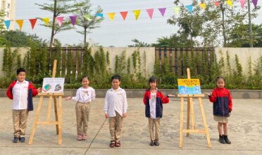 Students at Dong Ngac Elementary School display “Say No To Plastic” art projects