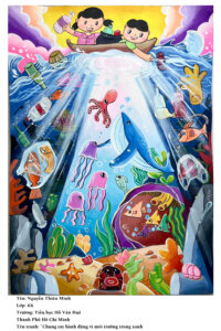 A painting featuring two kids on a canoe floating above the ocean floor, with octopuses, jellyfish, starfish, fish and a variety of plastic trash. Light is beaming out from the boat as the children collect trash and create a beautiful marine environment, while plastic trash including spoons, bags and bottles clog the ocean in the shadows.