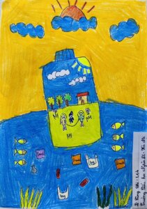 A drawing of a bottle contains a small bright and happy scene with a sun, clouds, trees and three kids playing jump rope. The bottle is resting in the ocean and surrounded by other plastic trash including sachets and plastic bags, as well as fish. The top of the painting, behind the ocean is a bright yellow sky with an orange sun.