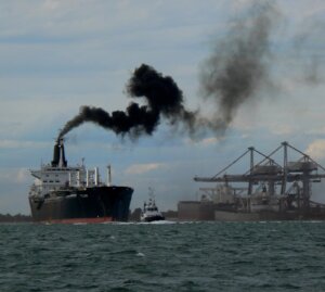 Ship maneuvering out of Port S.Louis du Rhone, near Marseille.